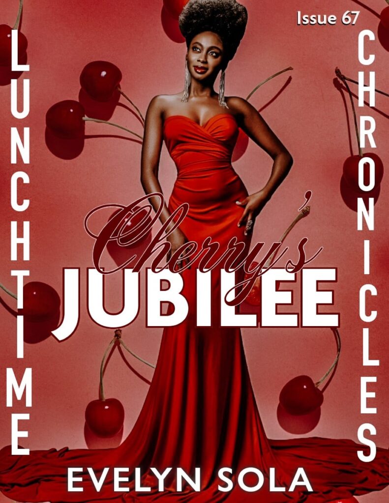 photo of beautiful black woman in red dress with cherries in the background, titled Cherry's Jubilee by Evelyn Sola, Lunchtime Chronicles